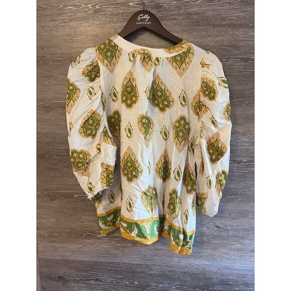 Haute Hippie Women Boho Linen Blouse top Sz L Paisley print Gold Beige Tie Neck - Picture 6 of 9